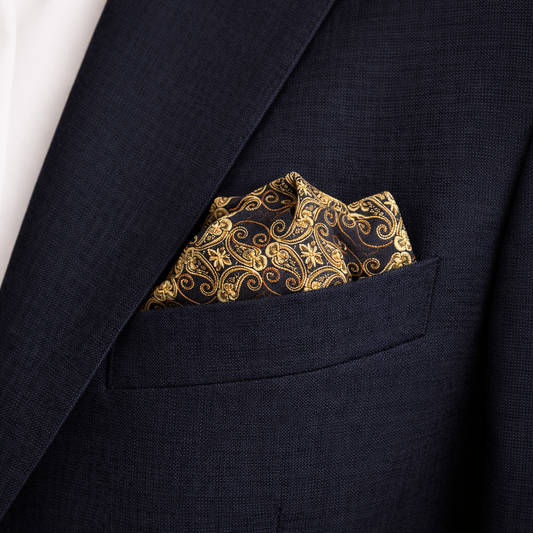 Marinblå näsduk i guldpaisley